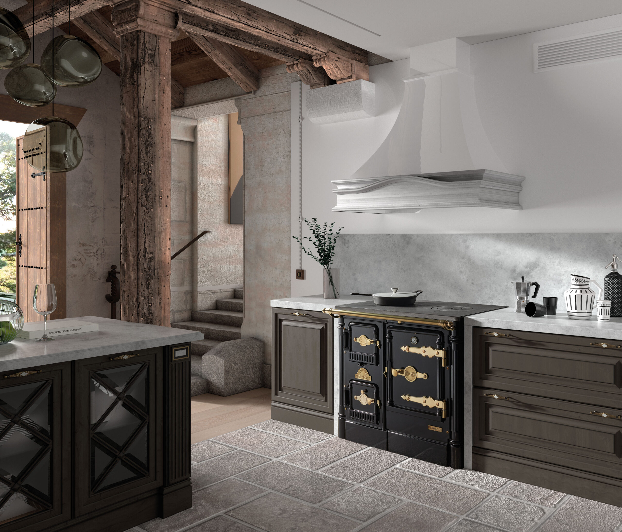 Estufa de leña independiente Hergom Glow con base de patas, de doble combustión, con cristales laterales y esmalte Ámbar.