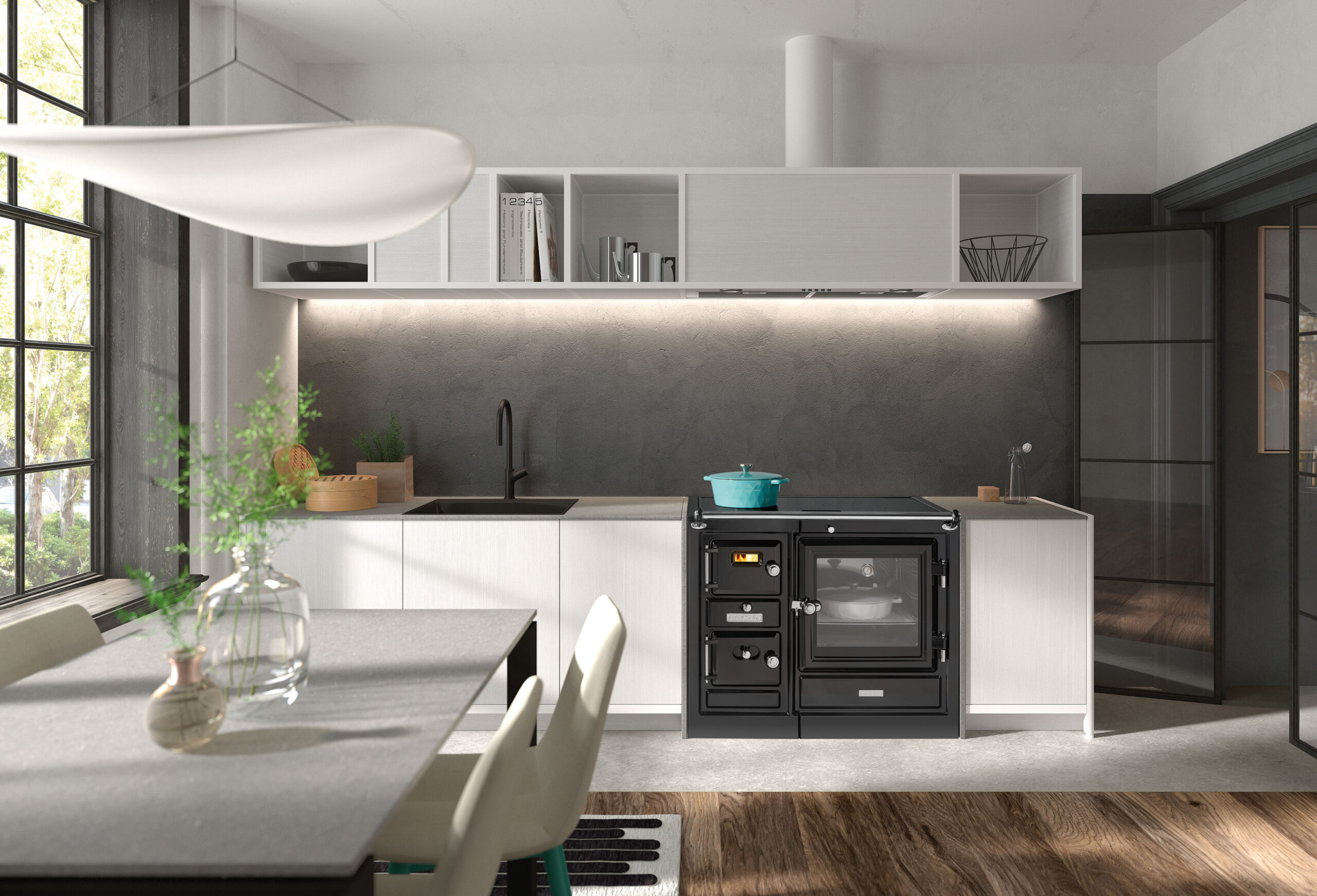 Estufa de leña independiente Hergom Glow con base de patas, de doble combustión, con cristales laterales y esmalte Ámbar.