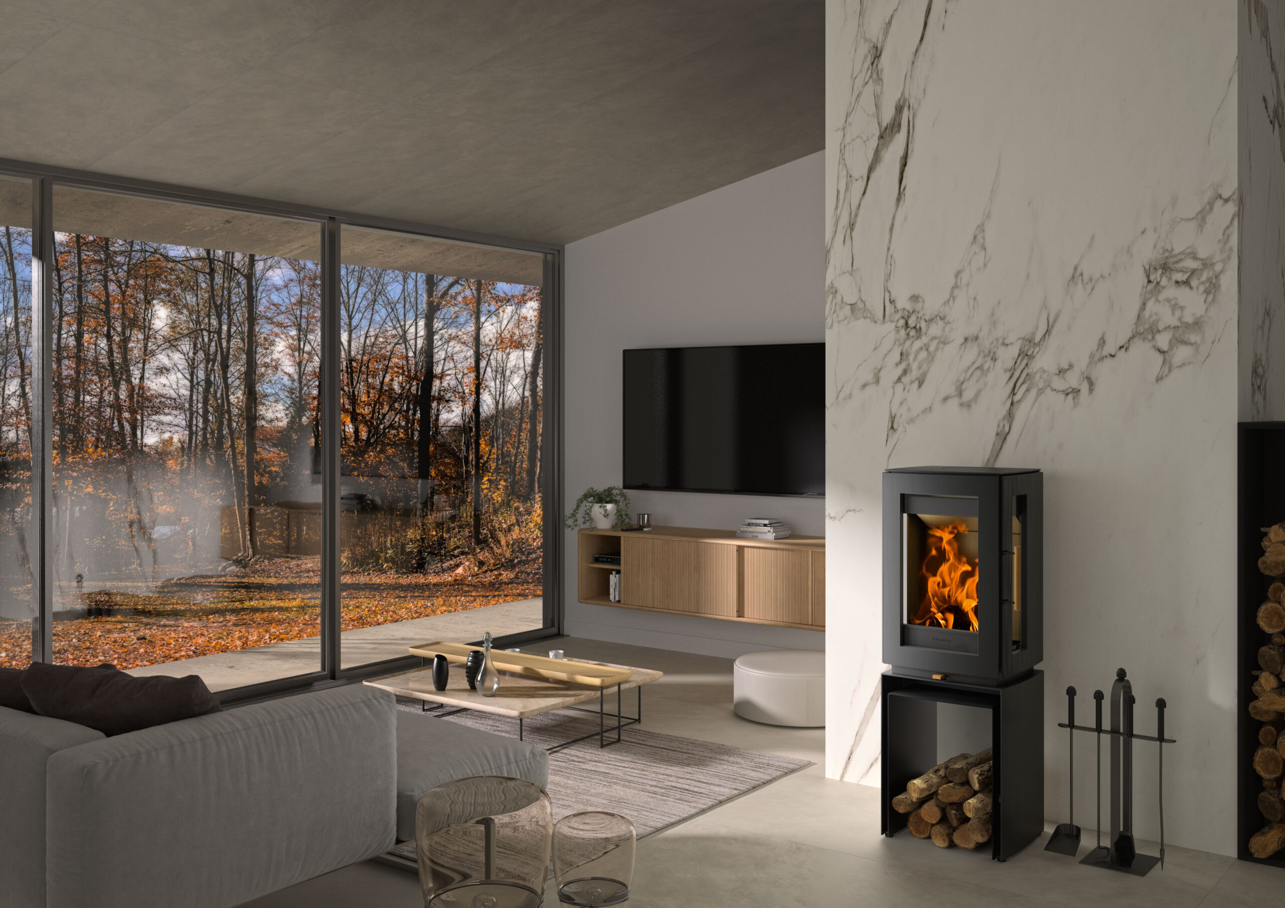 Estufa de leña independiente Hergom Glow con base de patas, de doble combustión, con cristales laterales y esmalte Ámbar.