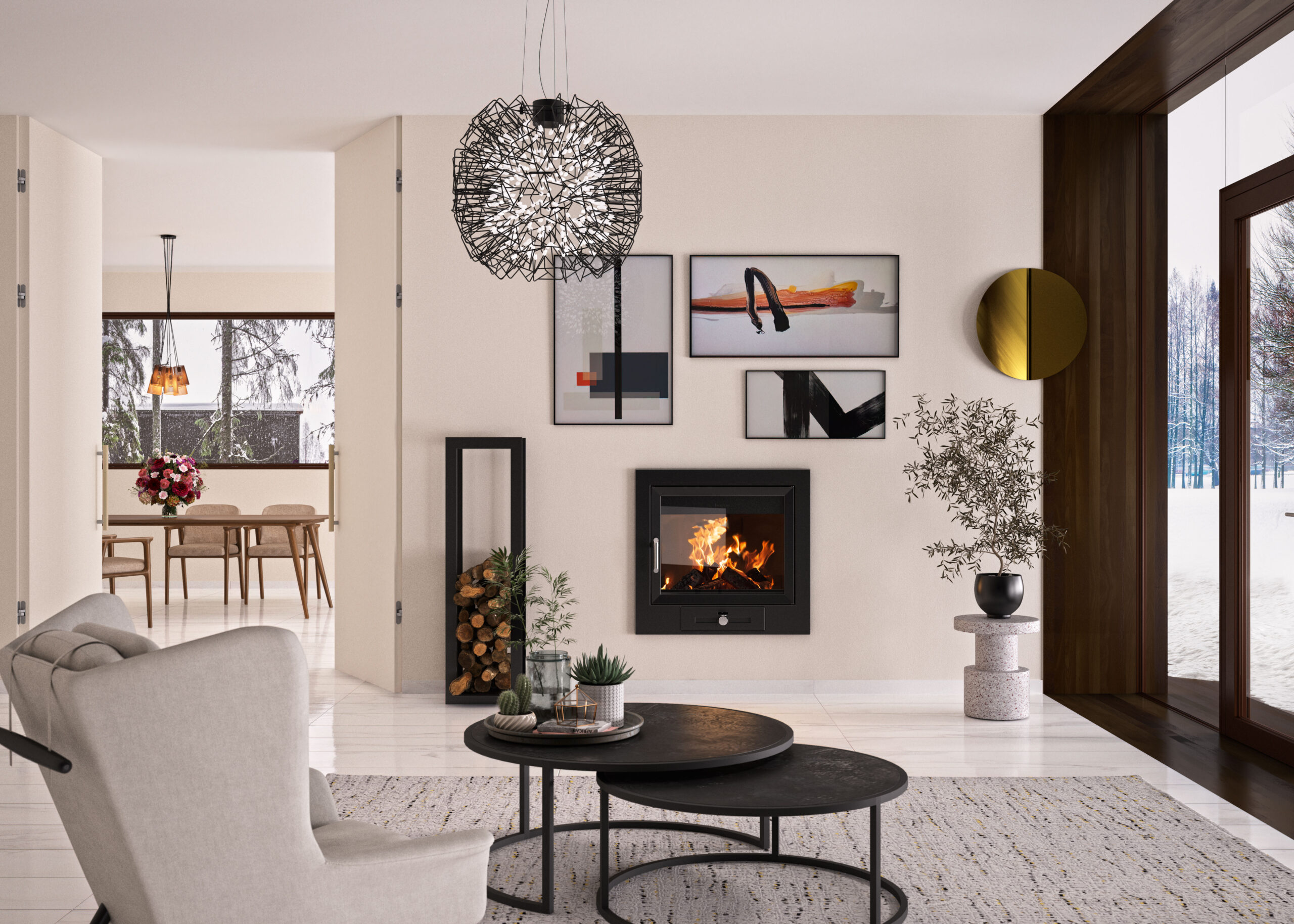 Estufa de leña independiente Hergom Glow con base de patas, de doble combustión, con cristales laterales y esmalte Ámbar.