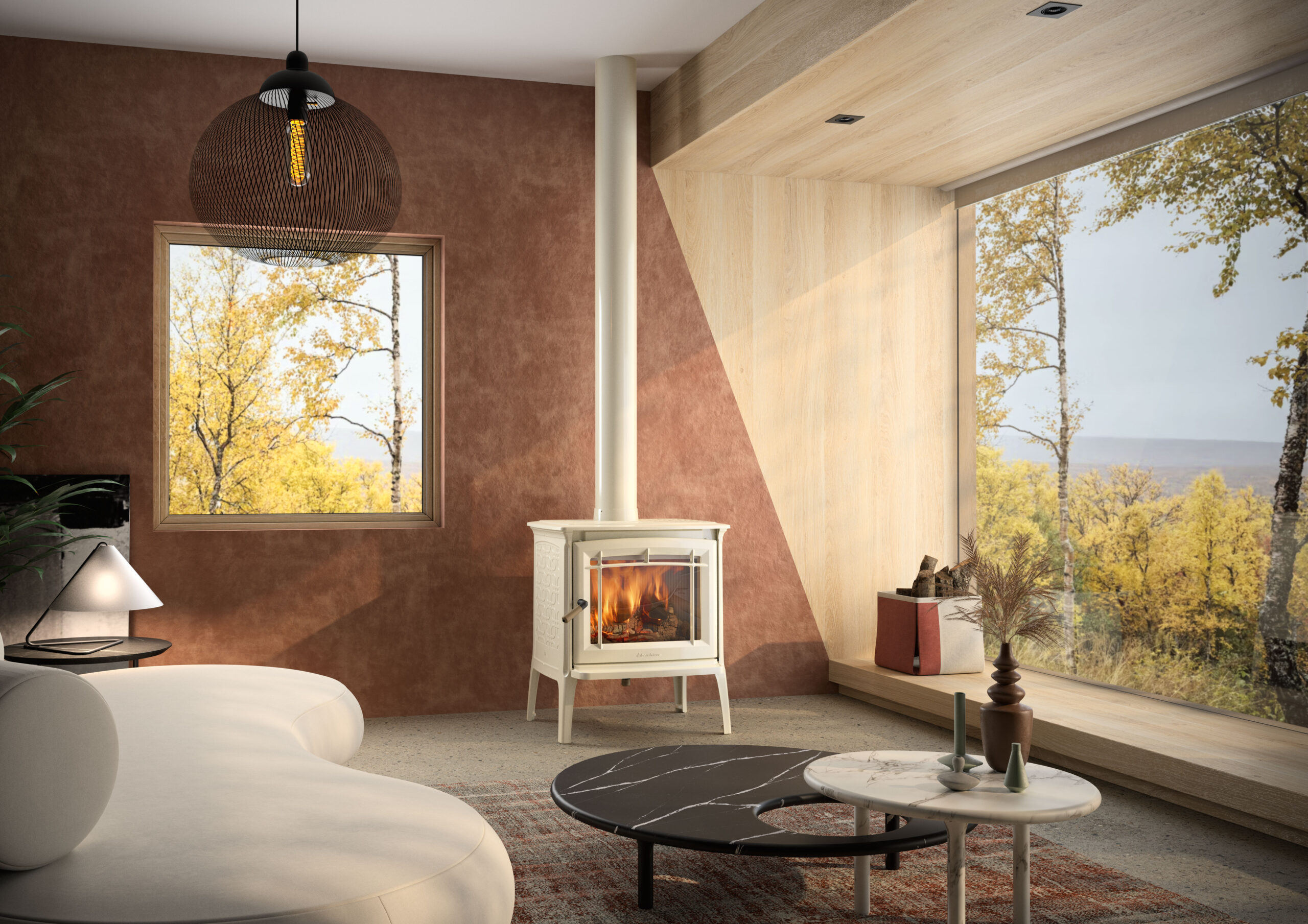 Estufa de leña independiente Hergom Glow con base de patas, de doble combustión, con cristales laterales y esmalte Ámbar.